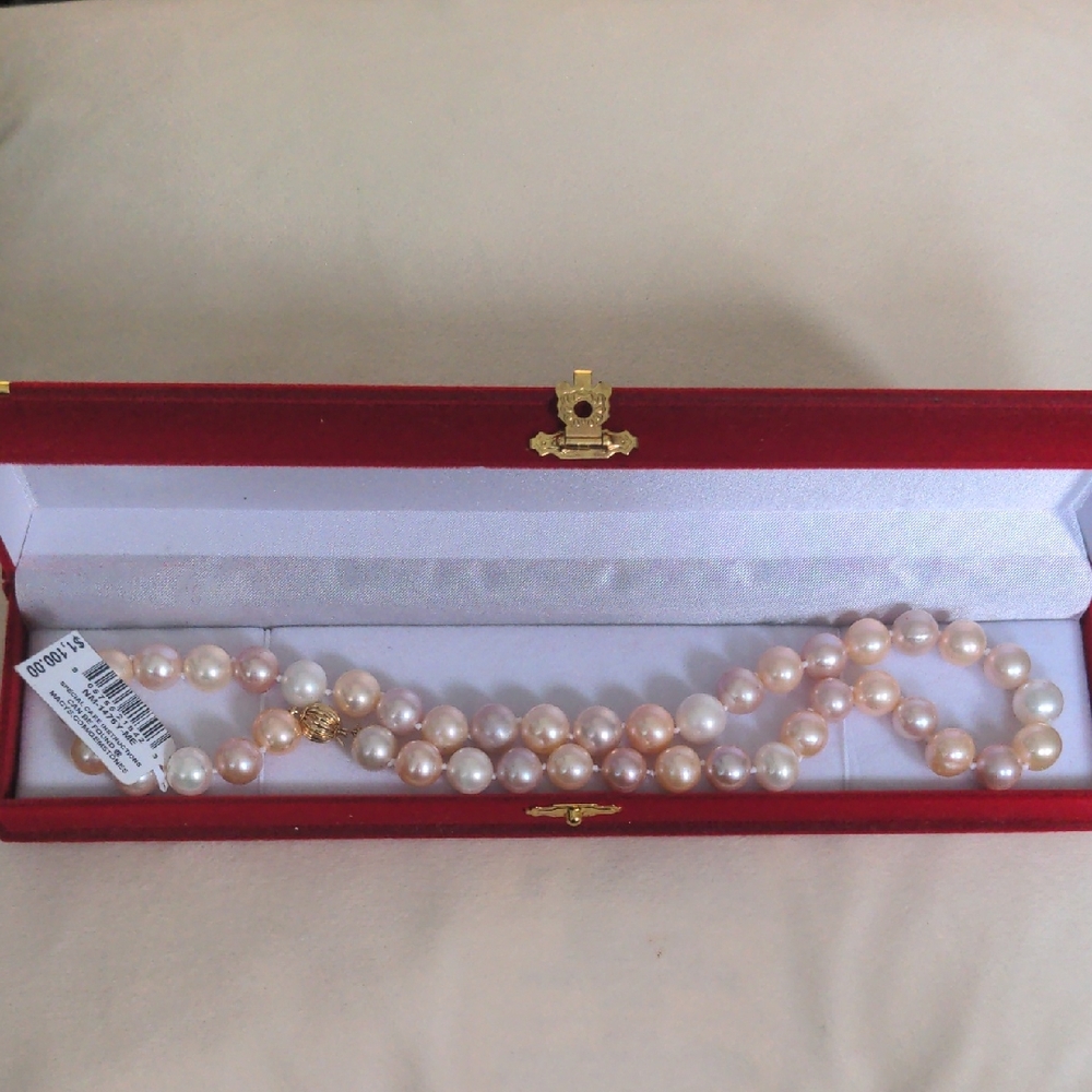 NWT Genuine Pearl Necklace , 14k Gold Clasp, Cream, Pink,  Large 9.5-10.5mm, - Picture 3 of 8